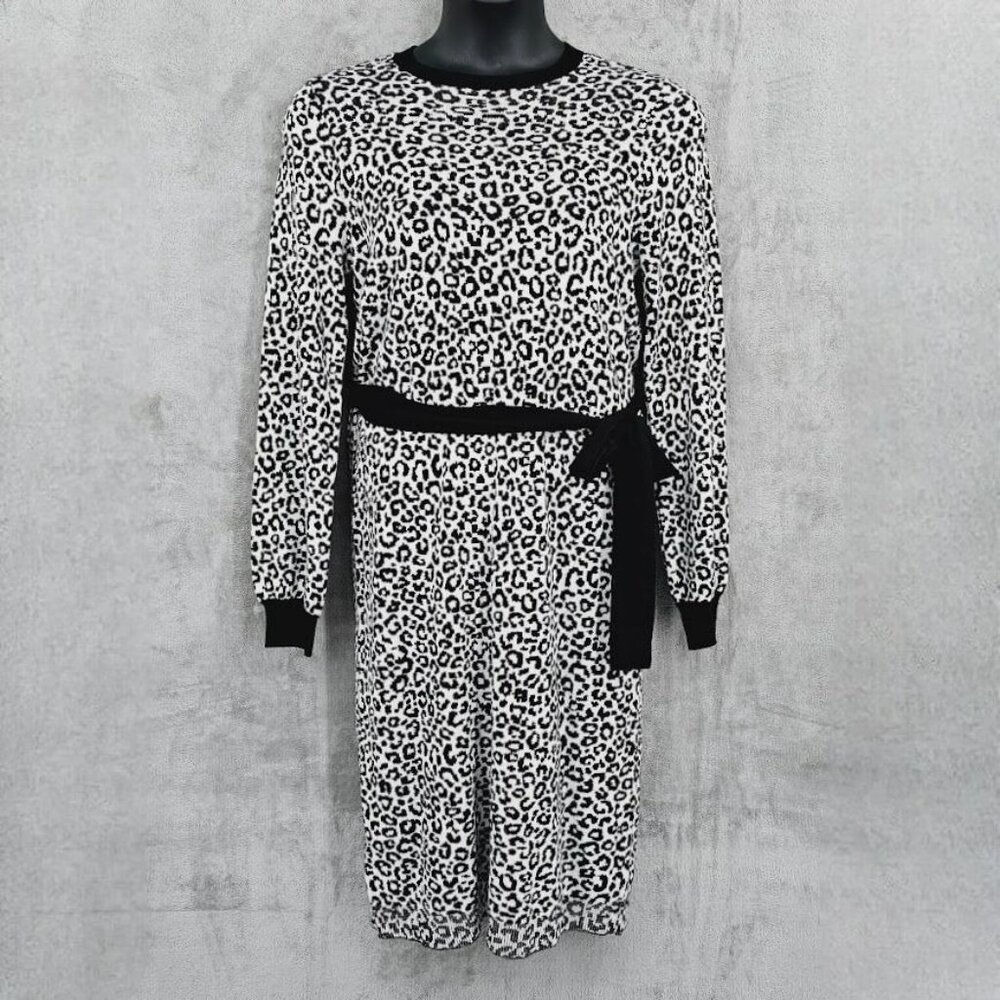 Ann Taylor Sweater Shift Dress M Black White Cheetah Print Belt Long Sleeve New